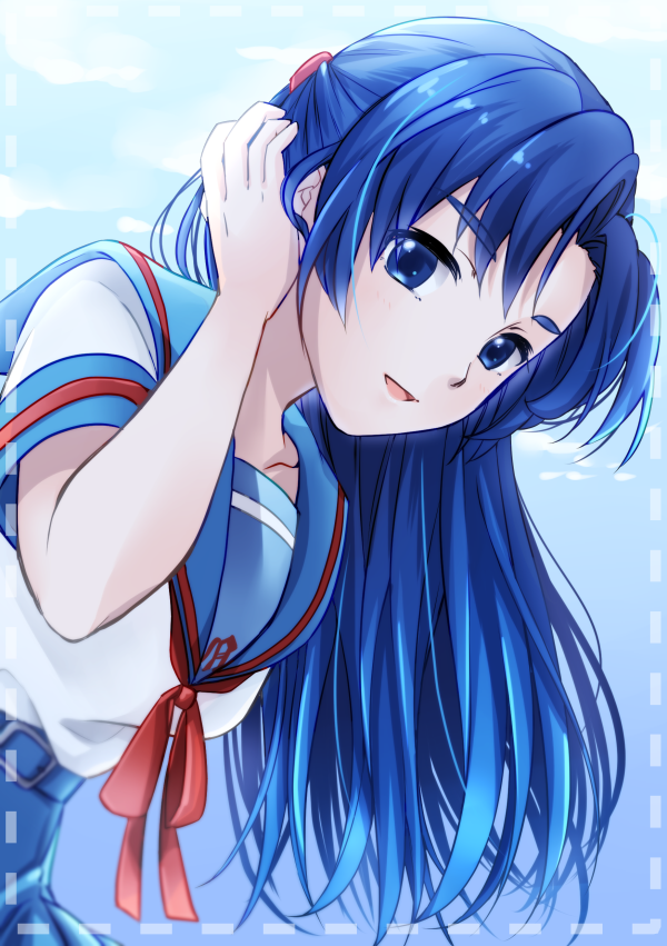1girl, asakura_ryouko, blue_eyes, blue_hair, blue_sailor_collar, collarbone, eyebrows_visible_through_hair, hair_ornament