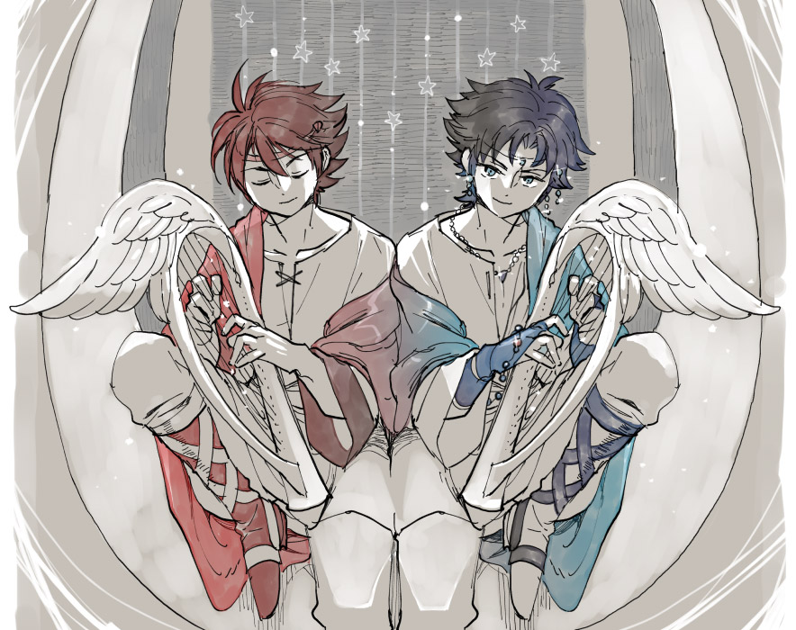 2boys, alternate_costume, asymmetrical_clothes, bard_(final_fantasy), beads, blue_eyes, brown_hair, butz_klauser, closed_eyes, earrings, final_fantasy, final_fantasy_v, harp, headband, instrument, jewelry, multiple_boys, necklace, simple_background, sitting, sitting_on_object, star_(symbol), string, tunic, udonnigu, wings