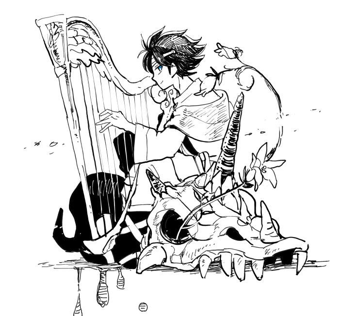 1boy, bard_(final_fantasy), blue_eyes, butz_klauser, final_fantasy, final_fantasy_v, flower, harp