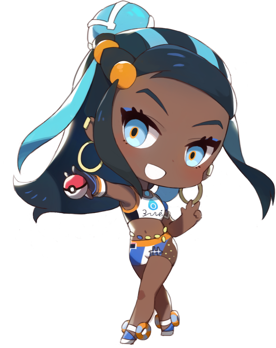 1girl, :d, belly_chain, black_hair, blue_eyes, blue_hair, chibi, commentary_request