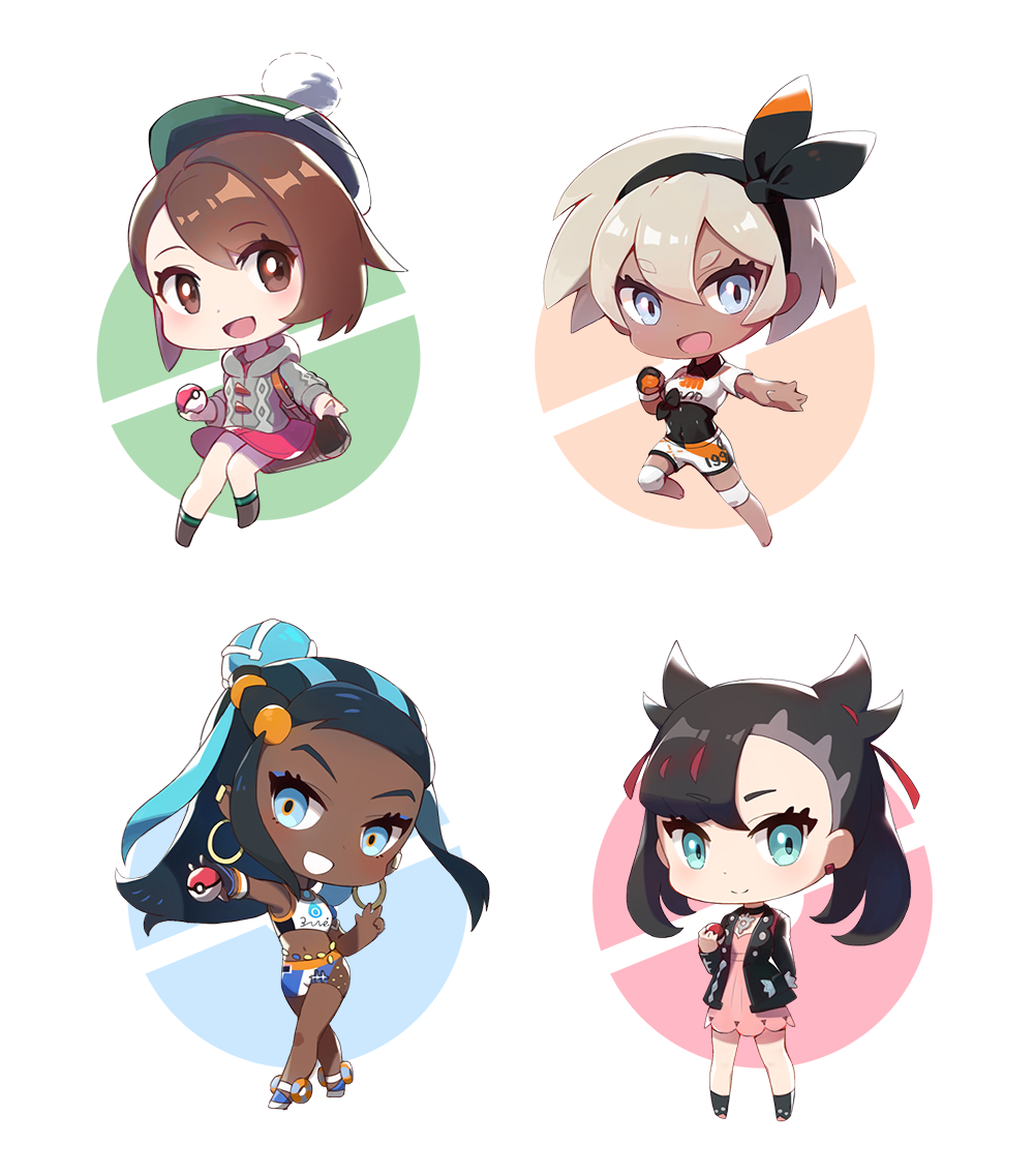4girls, aqua_eyes, asymmetrical_bangs, backpack, bag, bangs, barefoot, belly_chain, black_bodysuit, black_choker, black_hair, black_hairband, black_jacket, blue_eyes, blue_hair, blush, bodysuit, bodysuit_under_clothes, brown_eyes, brown_footwear, brown_hair, cardigan, chibi, choker, collared_shirt, commentary_request, covered_navel, dark_skin, dress, dynamax_band, earrings, gloves, green_headwear, green_legwear, grey_cardigan, grey_hair, gym_leader, hair_between_eyes, hair_bun, hair_ribbon, hairband, hat, holding, holding_poke_ball, hoop_earrings, jacket, jewelry, ka_zhi, knee_pads, long_hair, long_sleeves, makeup, mary_(pokemon), medium_hair, multicolored_hair, multiple_girls, necklace, open_clothes, open_mouth, pink_dress, poke_ball, poke_ball_(basic), pokemon, pokemon_(game), pokemon_swsh, print_shirt, print_shorts, red_ribbon, ribbon, rurina_(pokemon), saitou_(pokemon), shirt, short_hair, short_sleeves, shorts, single_glove, smile, socks, tam_o'_shanter, tied_shirt, tongue, twintails, two-tone_hair, yuuri_(pokemon)