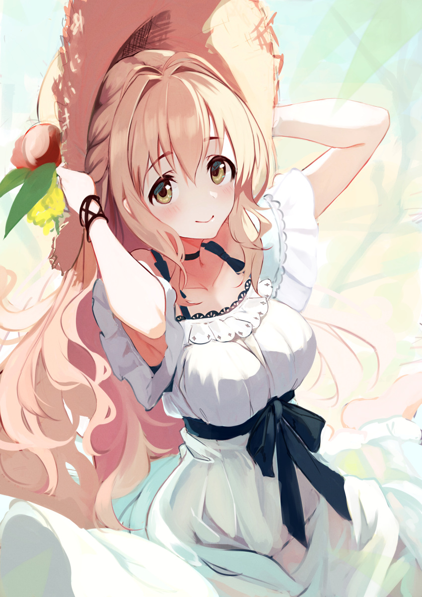 1girl, absurdres, arms_up, blush, breasts, brown_eyes, closed_mouth, collarbone