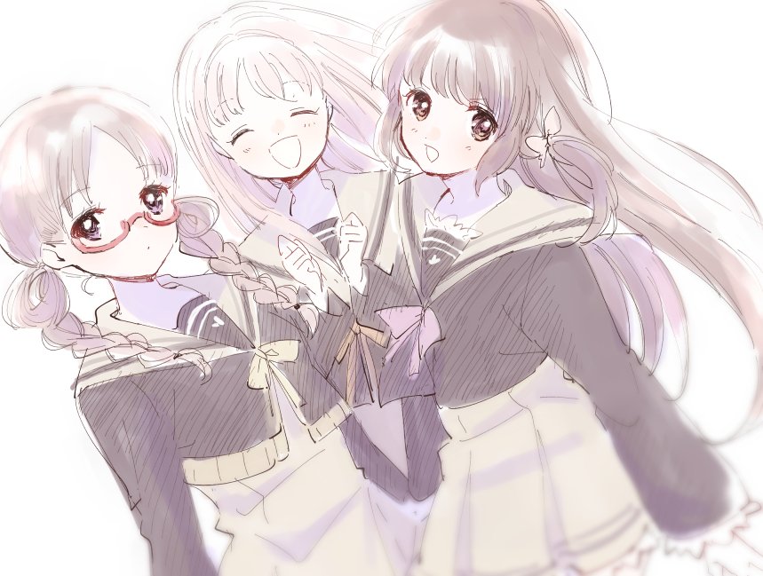 1059yume, 3girls, bangs, blurry, blush, bow, braid, brown_eyes