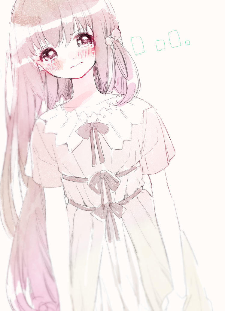 1059yume, 1girl, arms_at_sides, bangs, blush, bow, brown_hair, collar, crying, dress, dutch_angle, frills, hair_ornament, long_hair, looking_at_viewer, magia_record:_mahou_shoujo_madoka_magica_gaiden, mahou_shoujo_madoka_magica, red_eyes, ribbon, satomi_touka, short_sleeves