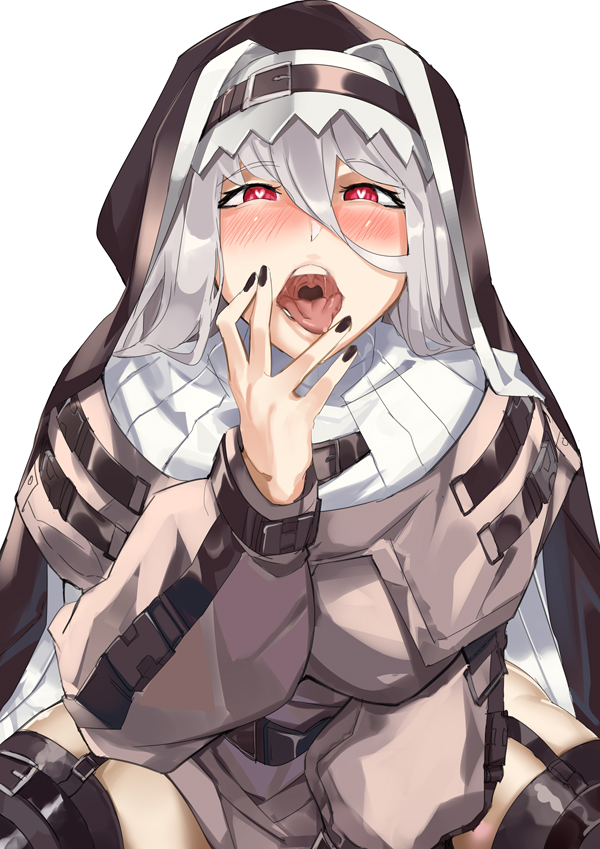 1girl, arknights, black_headwear, black_legwear, black_nails, blush, breasts, capelet