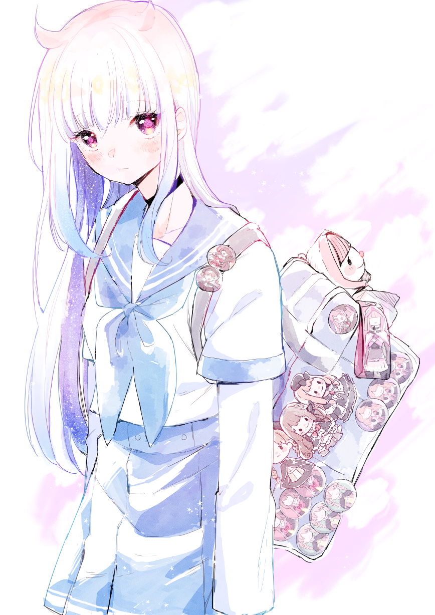 1059yume, 1girl, backpack, bag, bangs, blue_skirt, bow, braid
