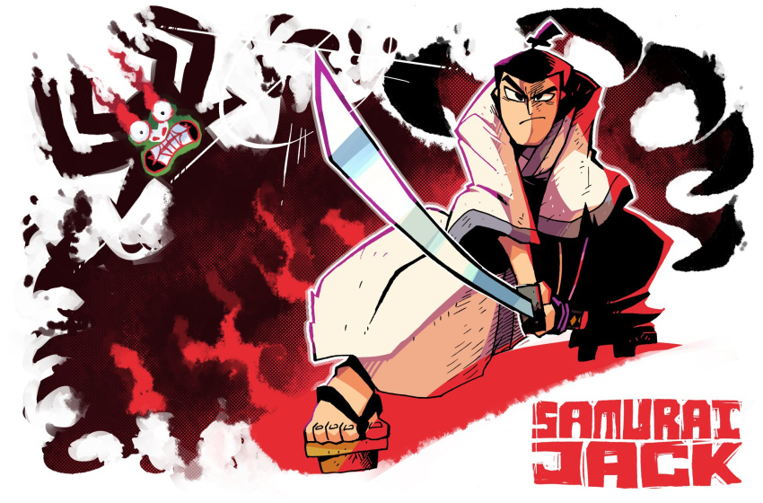 1boy, aku, black_eyes, black_hair, closed_mouth, copyright_name, fighting_stance, geta