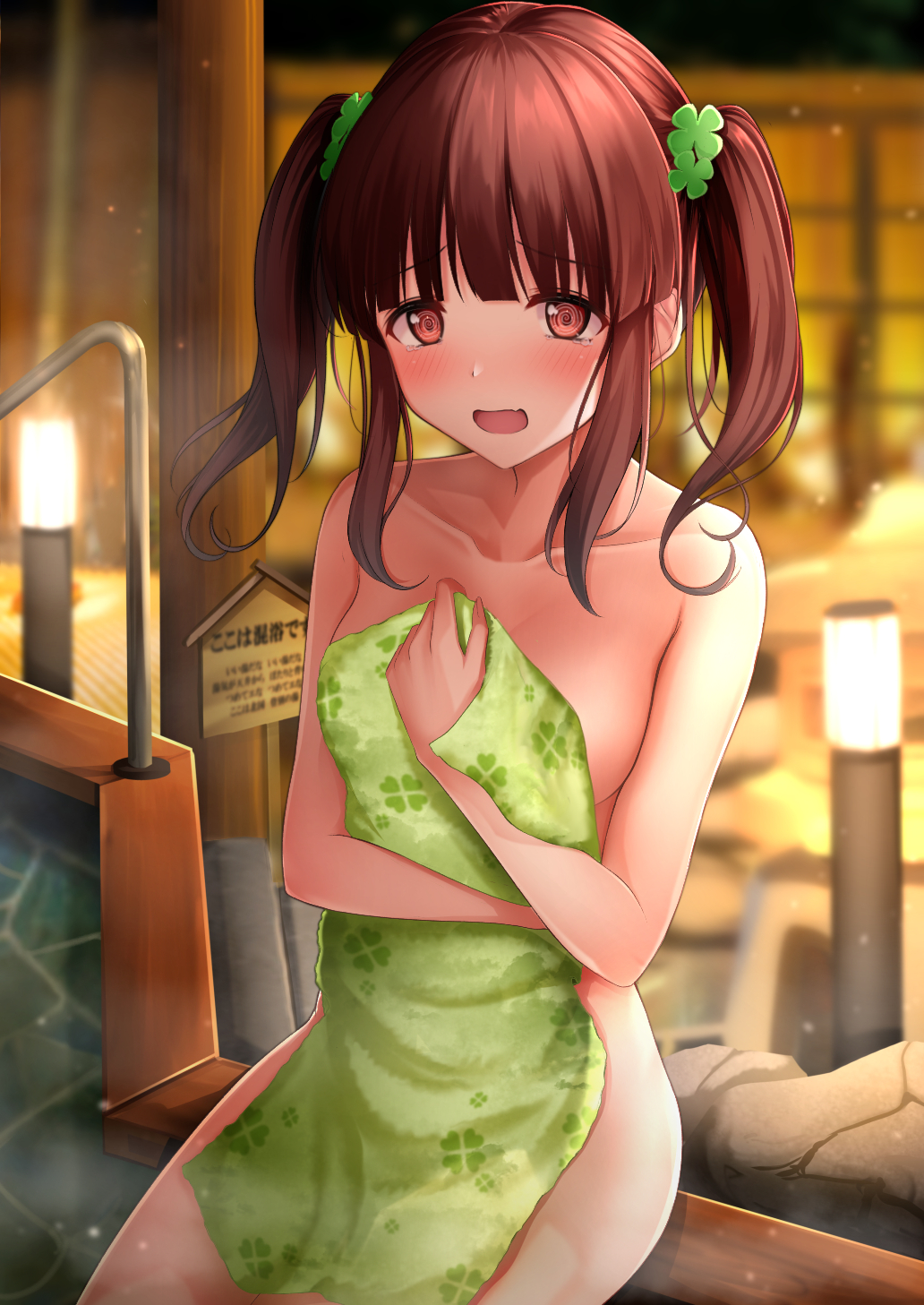 1girl, bangs, blunt_bangs, blush, brown_eyes, brown_hair, clover, clover_hair_ornament