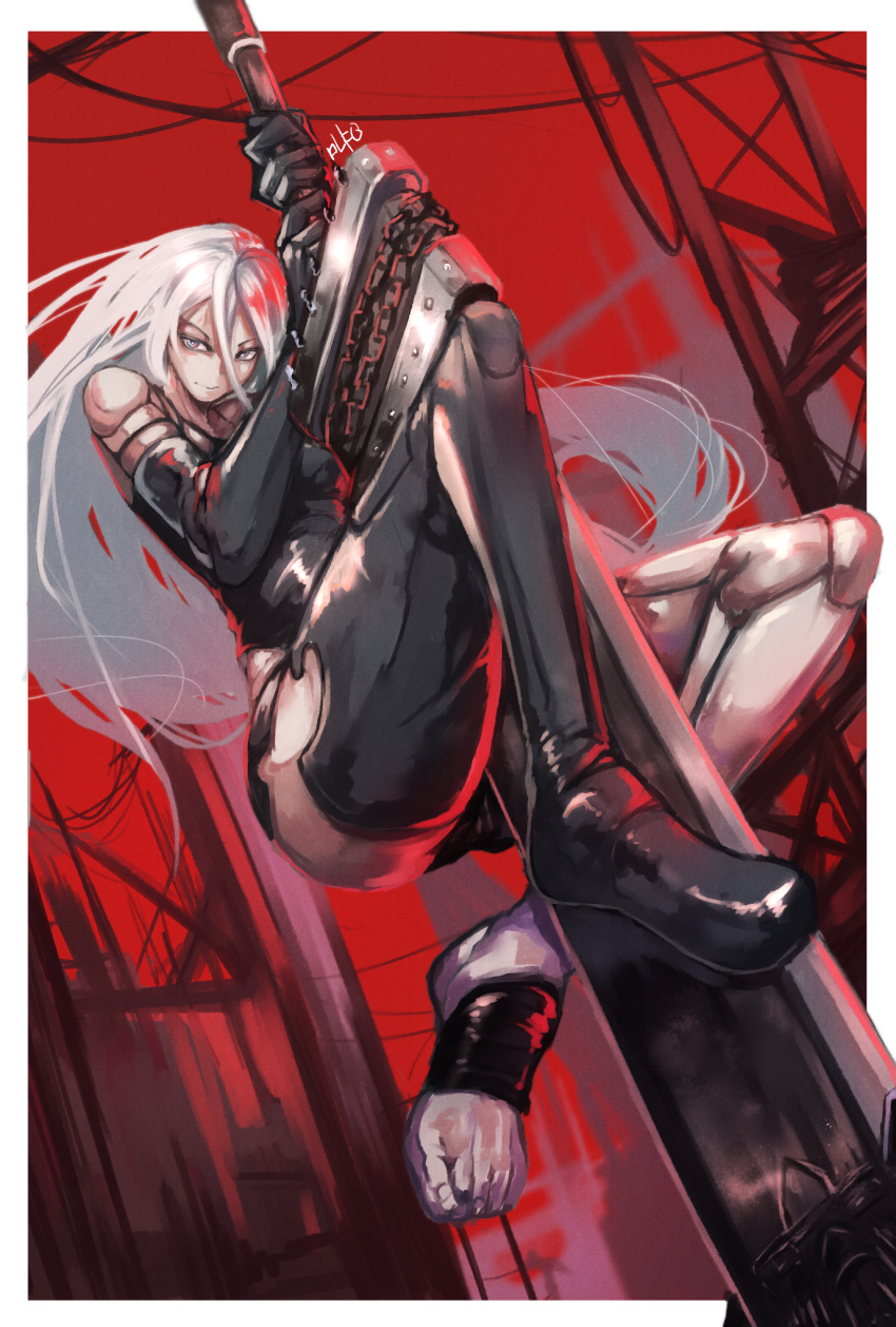 1girl, android, bare_shoulders, black_gloves, black_legwear, blue_eyes, breasts, elbow_gloves