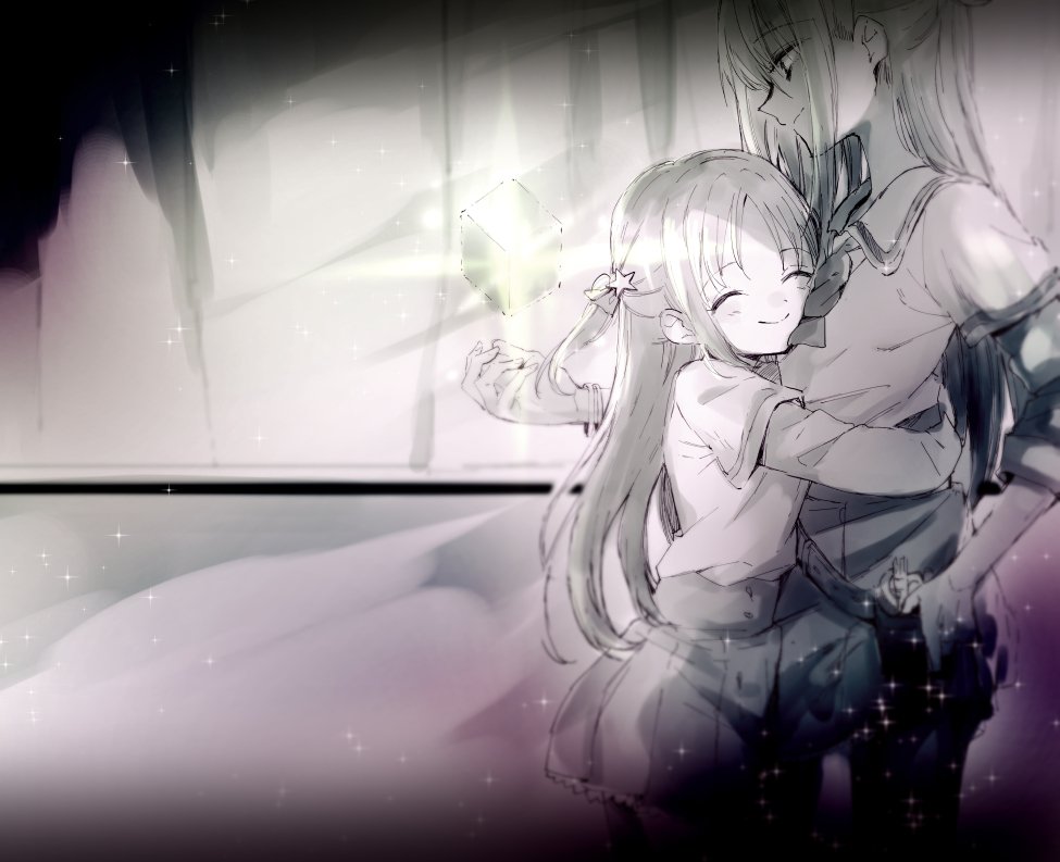 1059yume, 2girls, alina_gray, belt, bracelet, closed_eyes, cube, hair_ornament