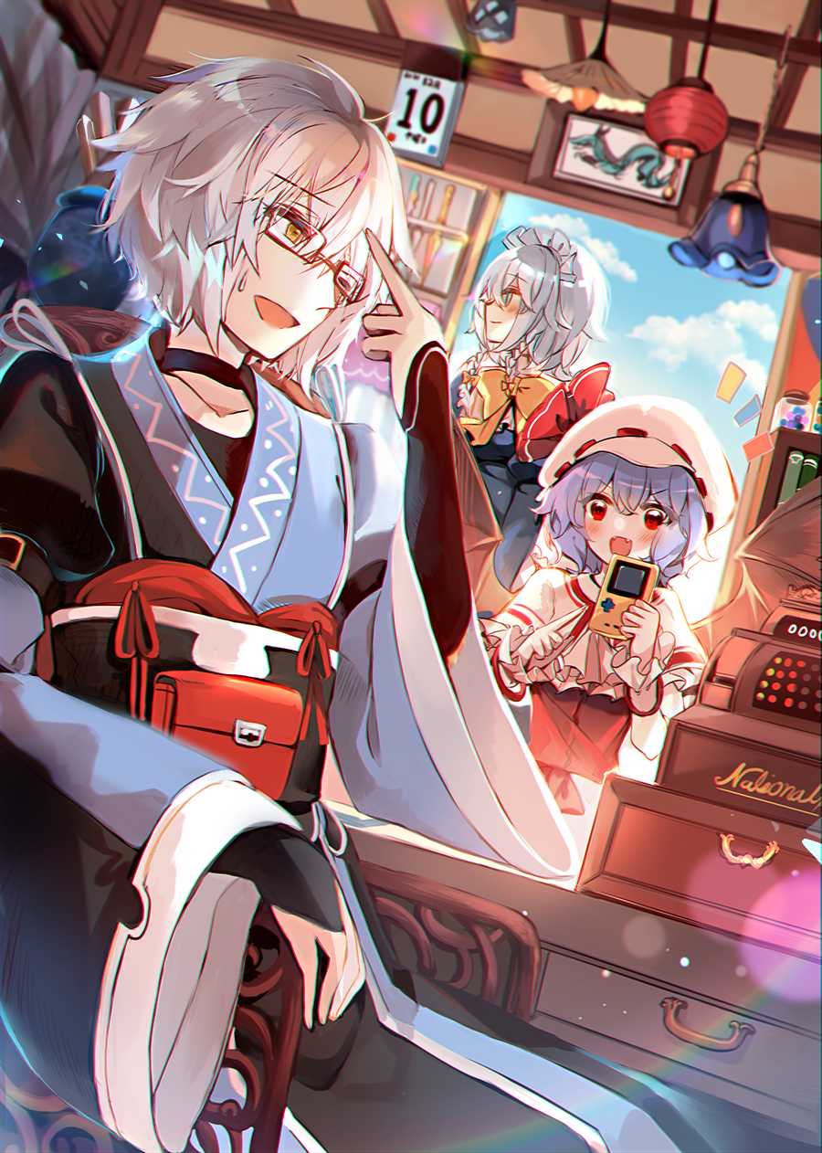 1boy, 2girls, alternate_costume, blue_eyes, blue_sky, bow, bowtie, closed_mouth