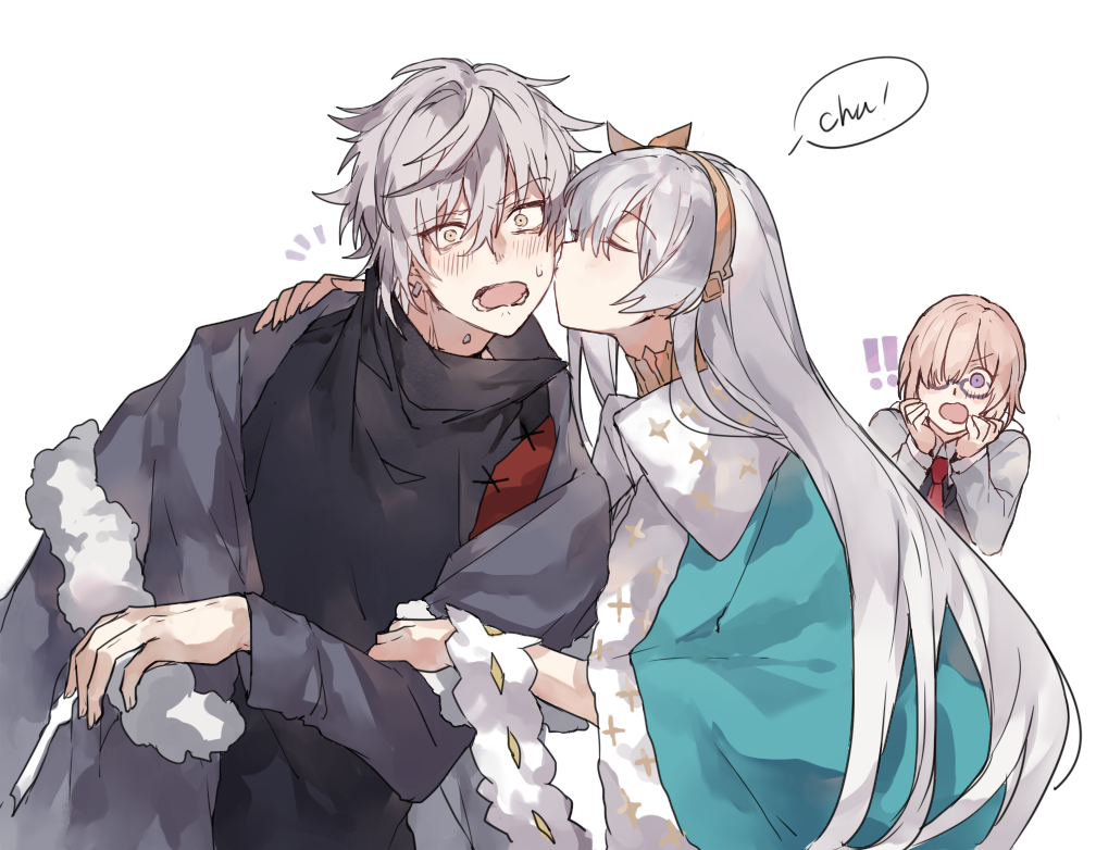 !!, 1boy, 2girls, anastasia_(fate/grand_order), black_sweater, blue_cape, blush, cape