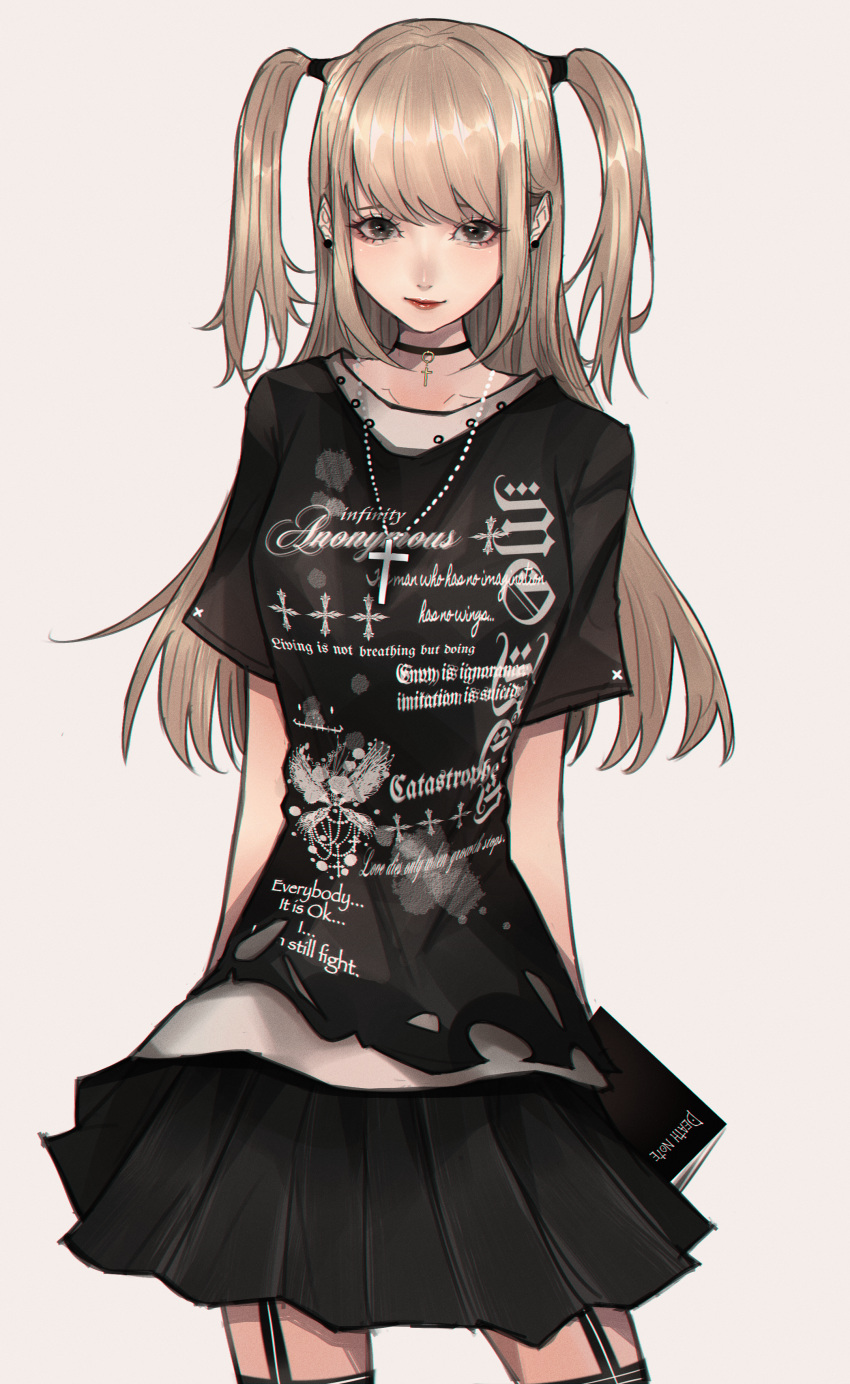 1girl, absurdres, alternate_costume, amane_misa, black_choker, black_shirt, black_skirt, blonde_hair