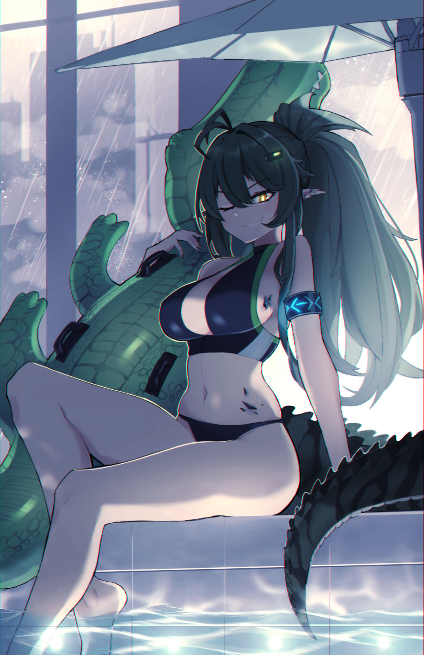 1girl, alternate_hairstyle, antenna_hair, arknights, armband, bangs, bare_arms, bare_legs