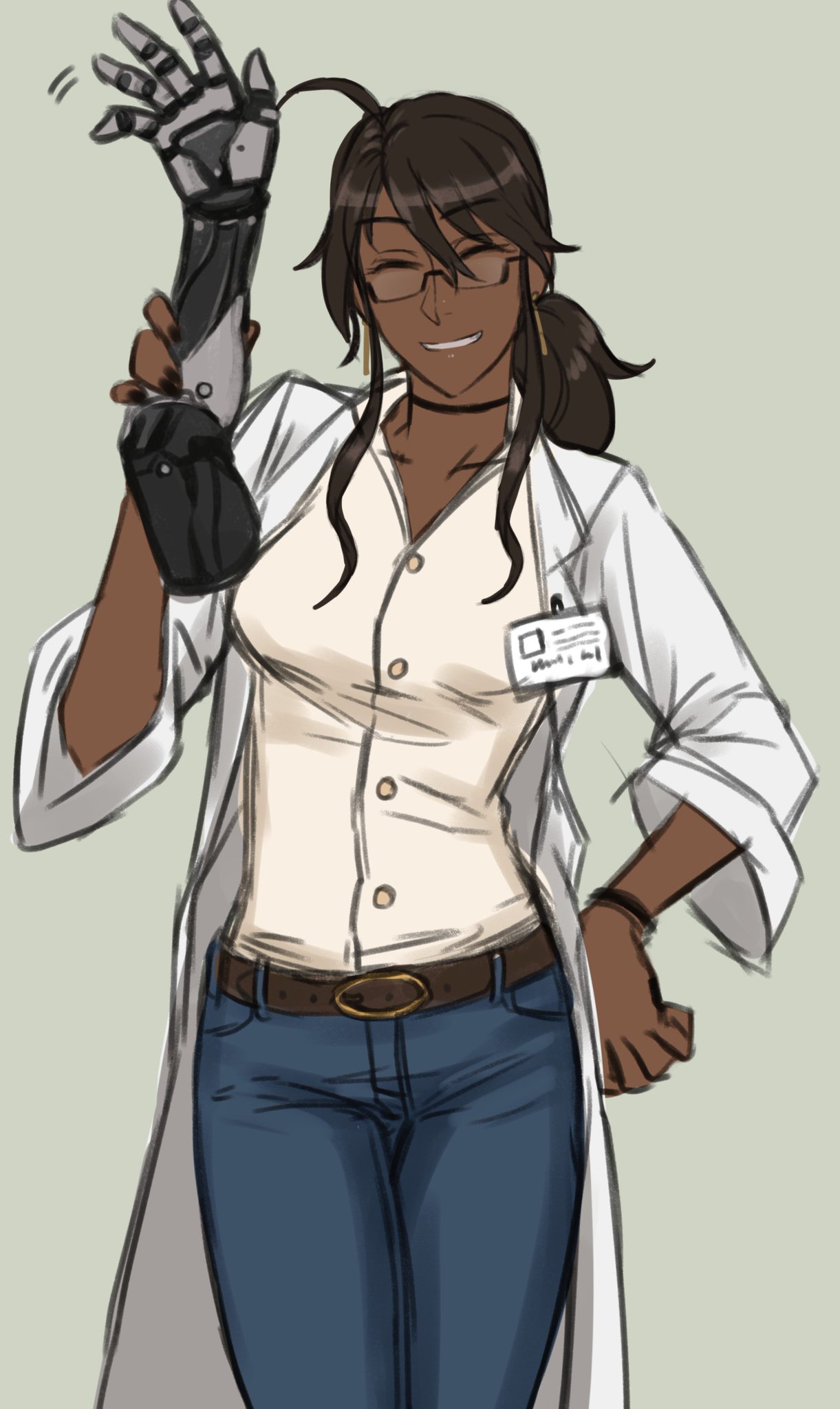 1girl, ahoge, belt, belt_buckle, breasts, brown_eyes, brown_hair, buckle