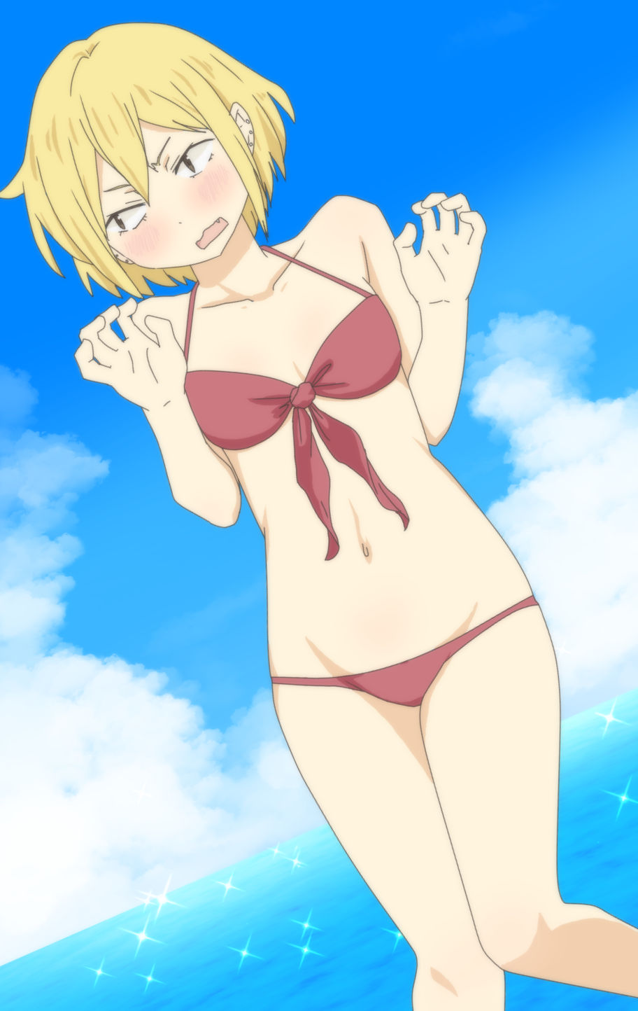 1girl, beach, bikini, black_eyes, blonde_hair, blush, breasts, collarbone