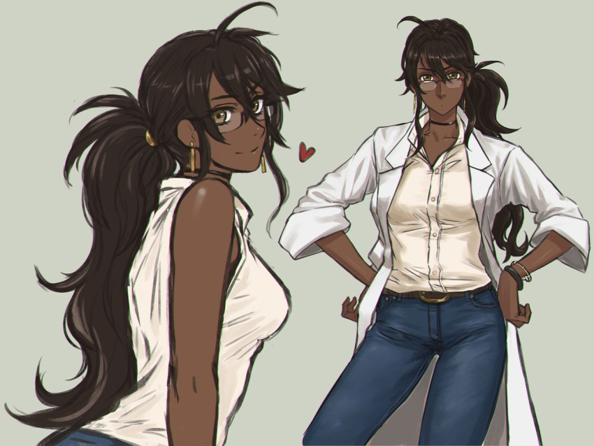 1girl, ahoge, bare_shoulders, belt, belt_buckle, breasts, brown_eyes, brown_hair, buckle, choker, collarbone, cowboy_shot, dark_skin, drill_(emilio), earrings, eyebrows_visible_through_hair, glasses, grey_background, hair_between_eyes, hands_on_hips, heart, jewelry, long_hair, looking_at_viewer, medium_breasts, multiple_views, myra_(drill_(emilio)), original, pants, ponytail, simple_background, sleeveless, sleeves_rolled_up, smile, standing, upper_body