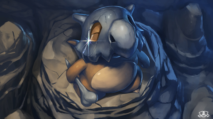 bone, closed_eyes, commentary_request, crying, cubone, from_above, gen_1_pokemon, highres, holding, holding_bone, no_humans, pokemon, pokemon_(creature), rock, solo, supearibu, tears