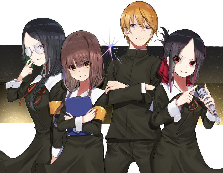 1boy, 3girls, absurdres, bangs, black_hair, black_pants, black_ribbon, border