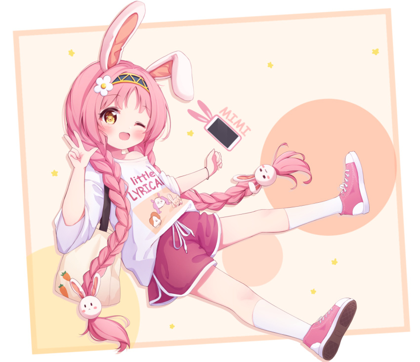 1girl, ;d, animal_ears, bag, bangs, bare_shoulders, black_hairband, blush