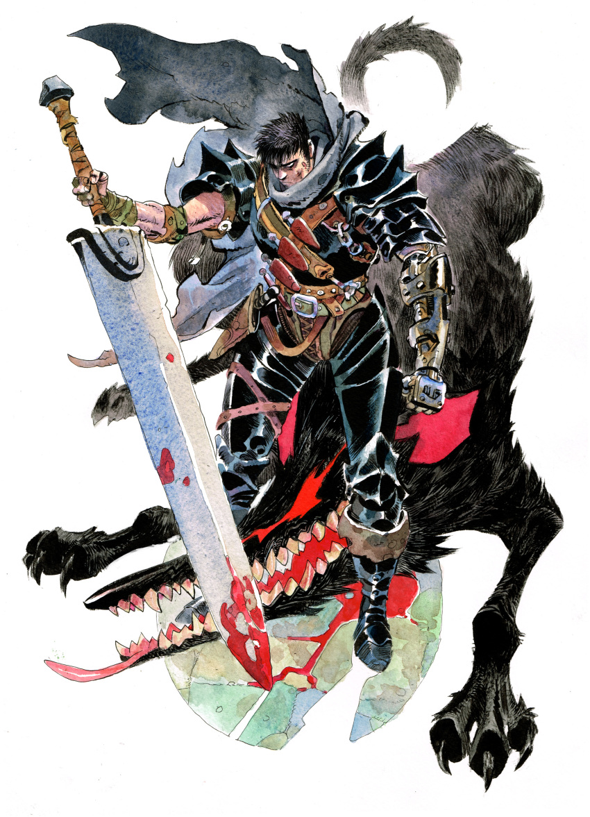 1boy, absurdres, amputee, armor, belt, berserk, berserker_armor, black_footwear