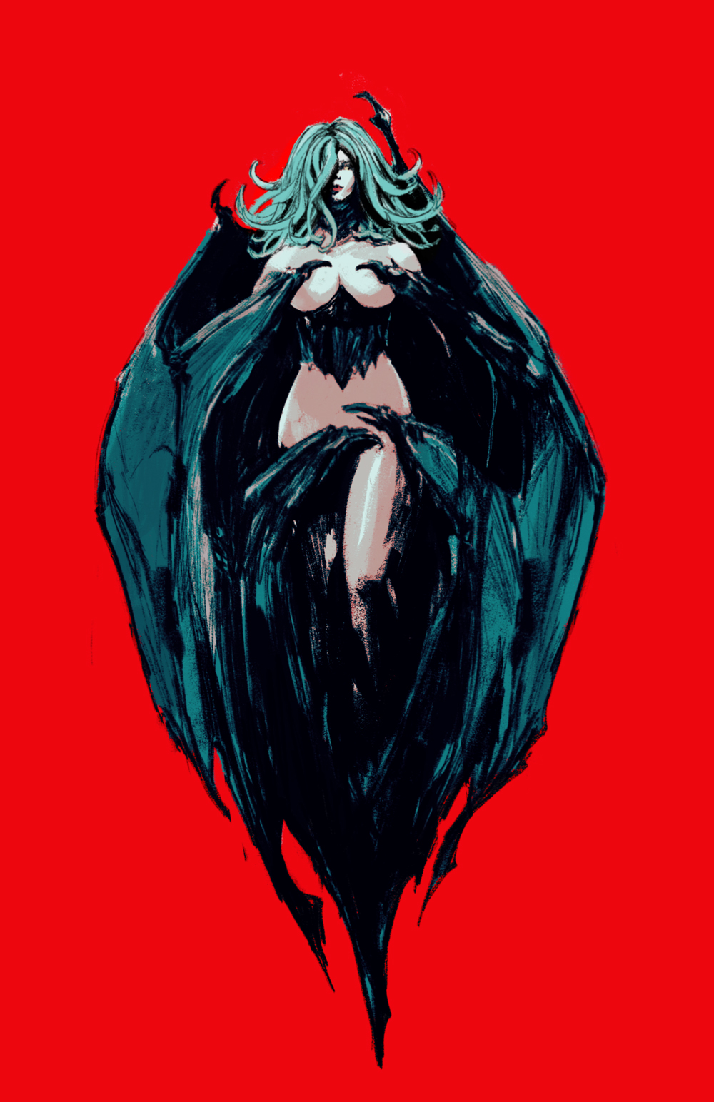 1girl, berserk, black_sclera, chun_lo, closed_mouth, convenient_censoring, demon_girl, demon_wings, floating, green_hair, hair_over_one_eye, highres, long_hair, red_background, red_lips, simple_background, slan, solo, succubus, wings, yellow_eyes