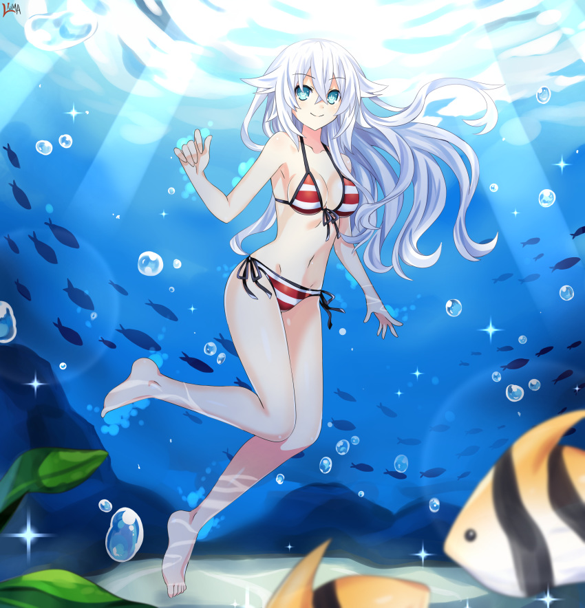 1girl, absurdres, air_bubble, bikini, black_heart, blue_eyes, bubble, collarbone, commentary_request, eyebrows_visible_through_hair, fish, floating_hair, hair_between_eyes, hair_flaps, highres, lewdkuma, light_beam, long_hair, looking_at_viewer, navel, neptune_(series), power_symbol, signature, smile, solo, striped, striped_bikini, submerged, swimsuit, symbol-shaped_pupils, underwater, white_hair