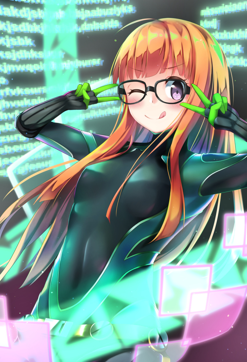 1girl, ;q, ahoge, bananatsukis, bangs, black-framed_eyewear, black_bodysuit, bodysuit, breasts, brown_hair, covered_navel, double_v, eyebrows_visible_through_hair, glasses, highres, long_hair, looking_at_viewer, one_eye_closed, persona, persona_5, sakura_futaba, shiny, shiny_hair, small_breasts, solo, straight_hair, tongue, tongue_out, v, very_long_hair, violet_eyes