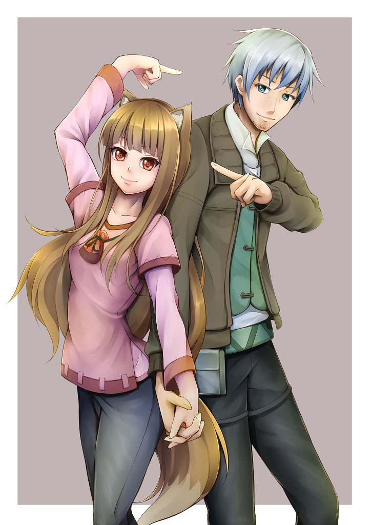 1boy, 1girl, animal_ears, arm_up, bangs, black_pants, blunt_bangs, brown_coat