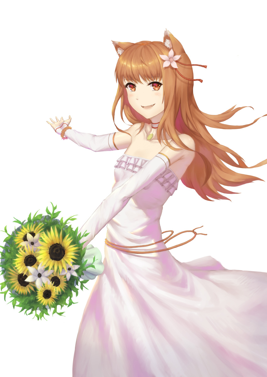 1girl, :d, absurdres, animal_ear_fluff, animal_ears, bangs, bouquet, breasts