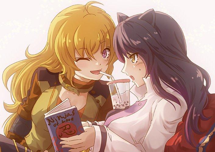 2girls, ;d, ahoge, animal_ears, black_hair, blake_belladonna, blonde_hair, blush