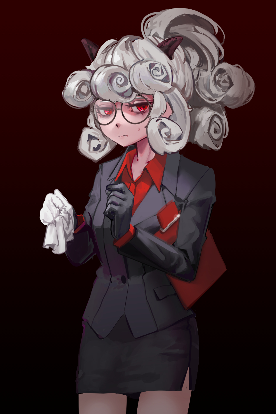 1girl, black_background, black_gloves, black_skirt, black_suit, clipboard, curly_hair, formal, gagmoo, gloves, gradient, gradient_background, hand_up, helltaker, highres, horns, looking_at_viewer, pandemonica_(helltaker), pencil_skirt, red_background, red_eyes, red_shirt, shirt, skirt, standing, suit, white_gloves