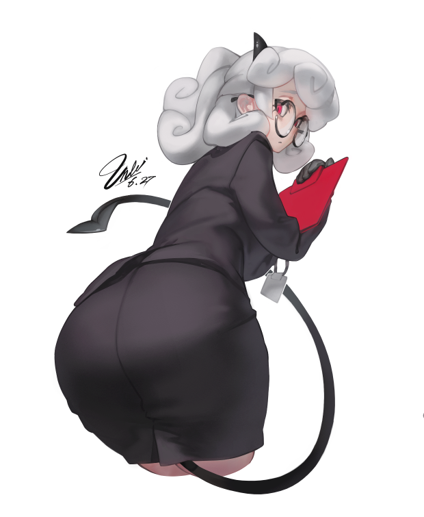 1girl, ass, black-framed_eyewear, black_skirt, black_suit, clipboard, dated, demon_girl