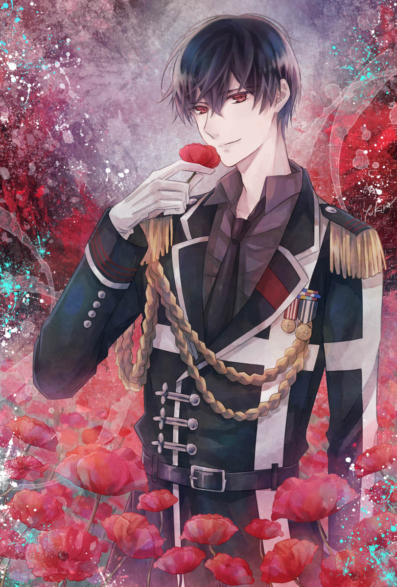1boy, aiguillette, arm_at_side, belt, black_hair, black_neckwear, brown_eyes, epaulettes