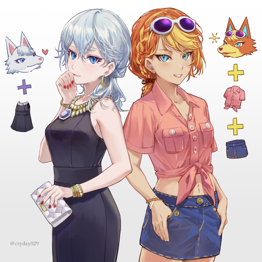 2girls, artist_name, bag, bare_shoulders, bianca_(doubutsu_no_mori), black_dress, blue_eyes, bracelet