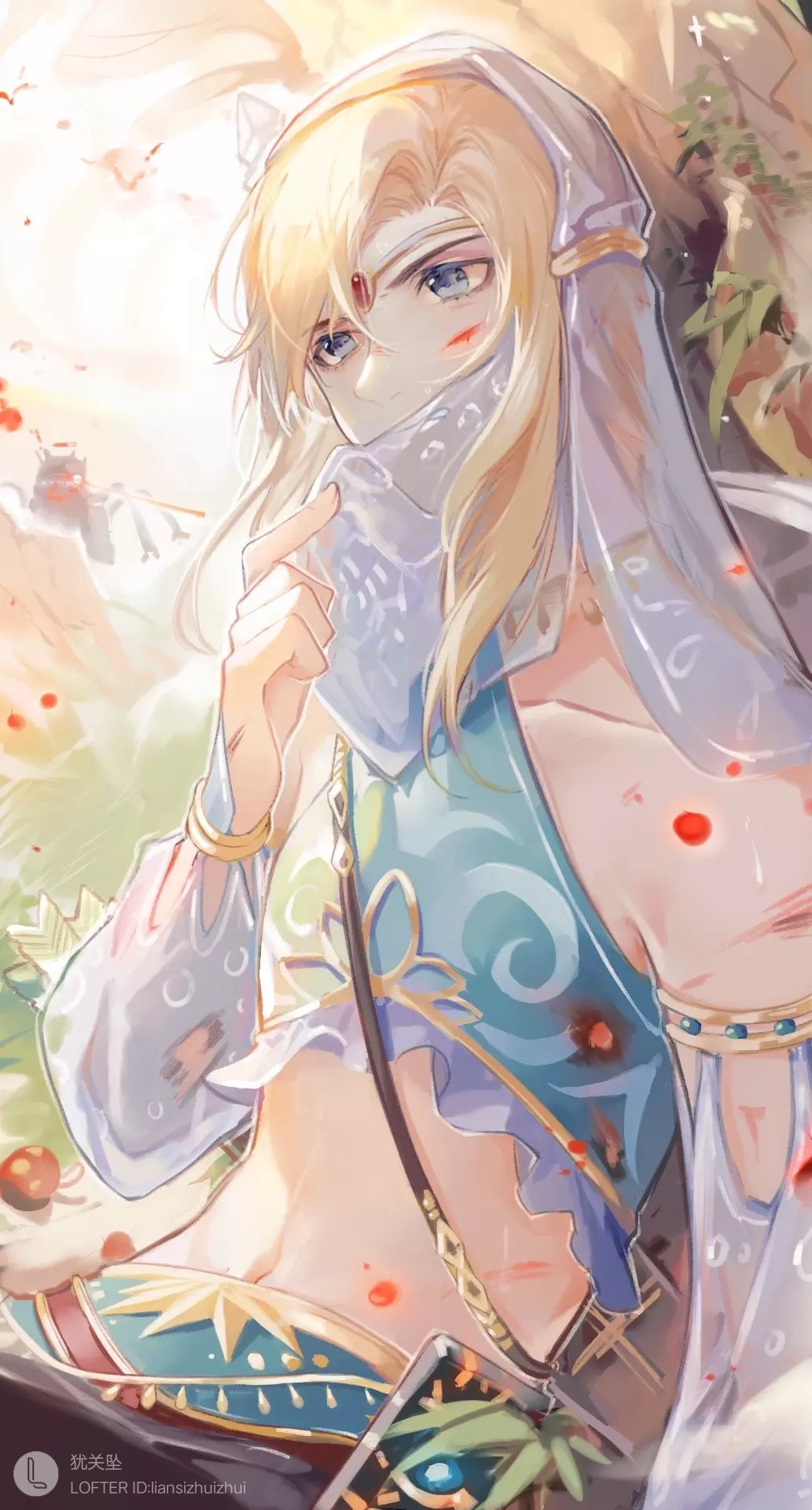 1boy, armband, armlet, bangs, bare_shoulders, blonde_hair, blood, blood_on_face