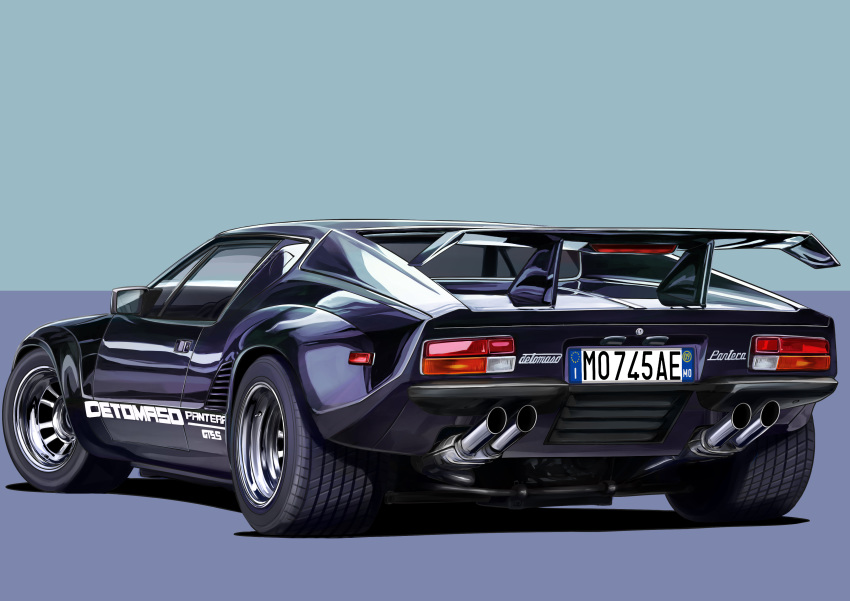 3books, absurdres, car, detomaso_pantera, from_behind, ground_vehicle, highres, motor_vehicle, no_humans, original, solo, spoiler_(automobile), vehicle_focus, vehicle_name, vehicle_rear