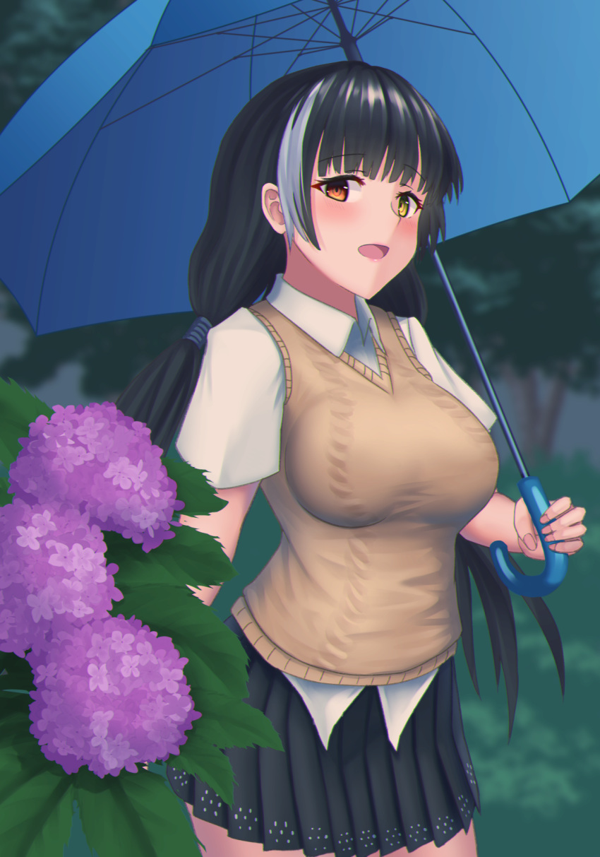 1girl, bakkasu150, bangs, black_hair, blurry, blurry_background, blush, breasts, cardigan_vest, depth_of_field, eyebrows_visible_through_hair, flower, forest, girls_frontline, heterochromia, highres, hydrangea, large_breasts, long_hair, looking_at_viewer, multicolored_hair, nail_polish, nature, open_mouth, outdoors, purple_flower, red_eyes, ro635_(girls_frontline), shirt, short_sleeves, skirt, smile, solo, streaked_hair, tree, twintails, umbrella, white_hair, yellow_eyes