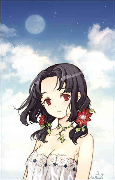 black_hair, breasts, cleavage, cloud, clouds, face, flower, hair_accessory