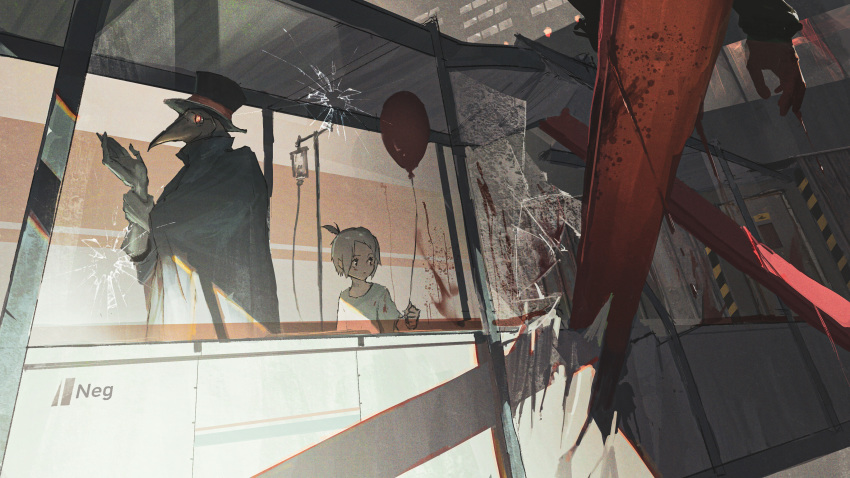 1boy, 1girl, 1other, absurdres, ahoge, balloon, black_cloak, black_eyes