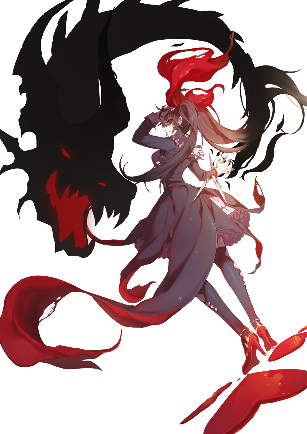 1girl, arm_up, black_hair, bleeding, blood, dragon, fingernails, frills