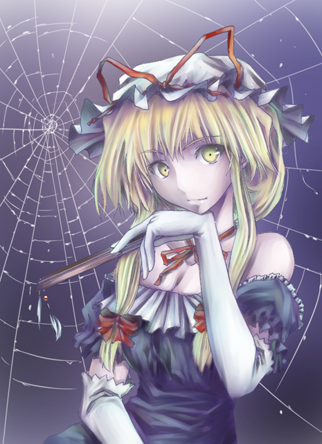 bare_shoulders, blonde_hair, bow, closed_fan, elbow_gloves, fan, folding_fan, gloves