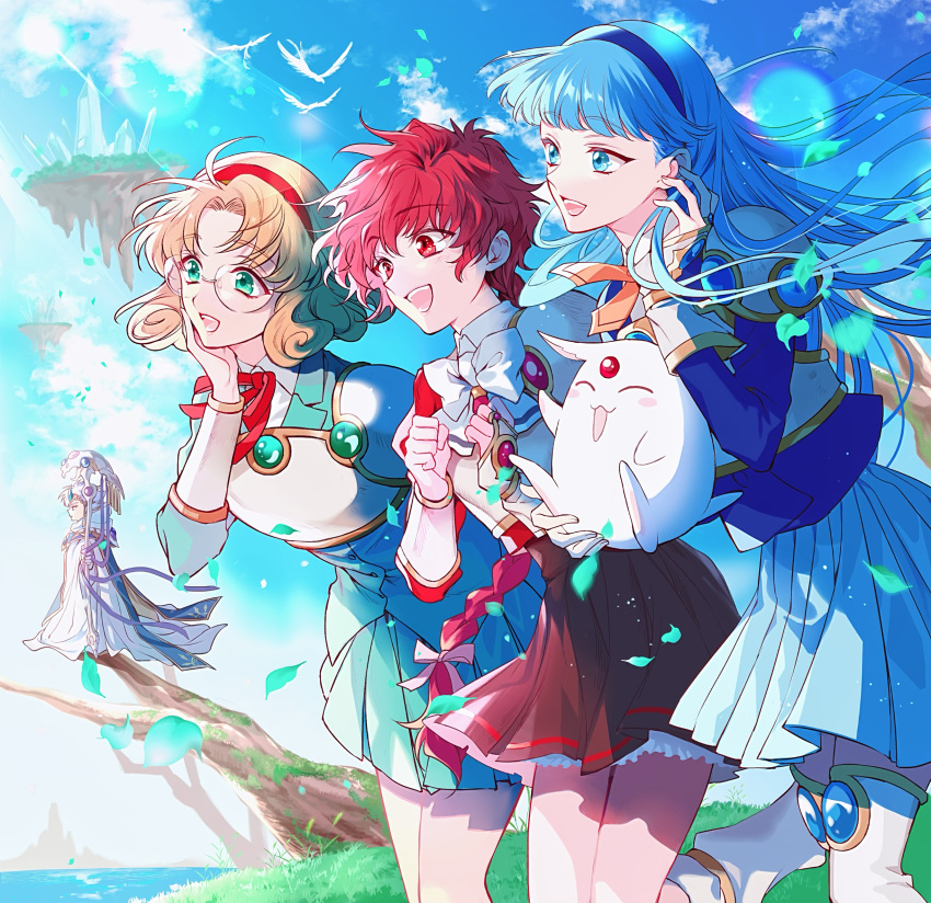3girls, aqua_eyes, armor, bangs, bird, blue_hair, blue_hairband, blue_skirt