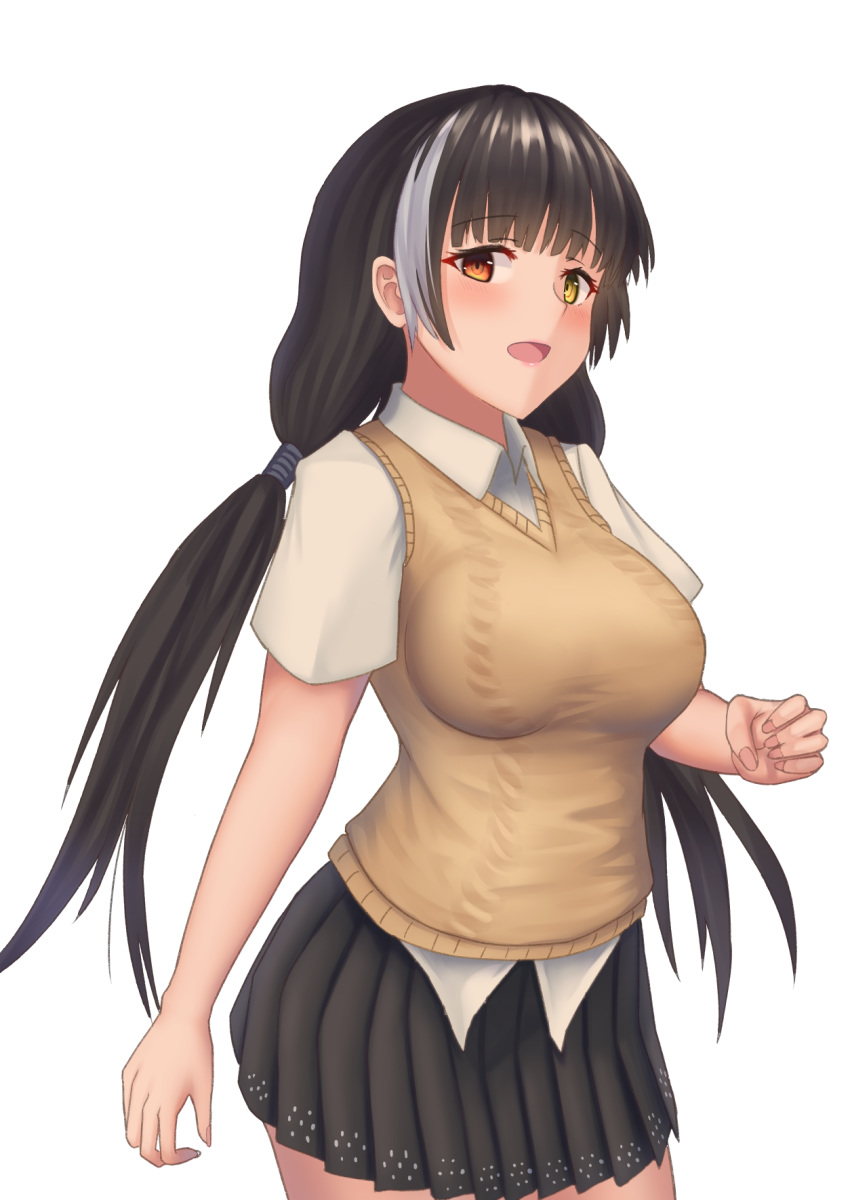 1girl, bakkasu150, bangs, black_hair, blush, breasts, cardigan_vest, clenched_hand