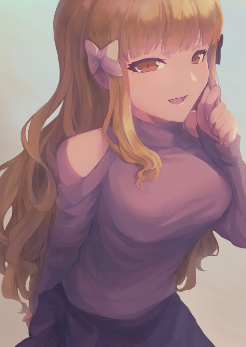 1girl, bangs, black_bow, blonde_hair, blush, bow, breasts, casual