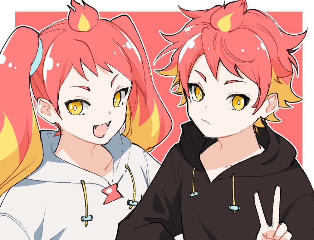 1boy, 1girl, :d, black_hoodie, blonde_hair, brother_and_sister, closed_mouth, commentary_request