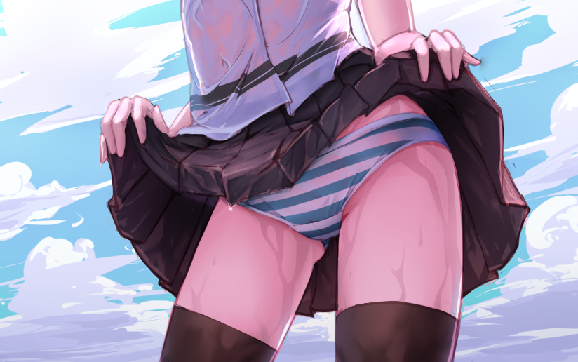 aoi_kao_(lsz7106), black_legwear, black_skirt, clouds, lifted_by_self, miniskirt, original, panties
