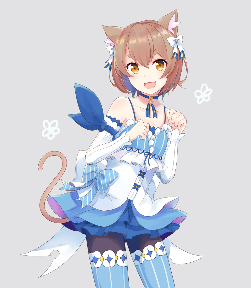 1boy, :d, androgynous, animal_ears, bangs, black_legwear, blue_bow, blue_choker