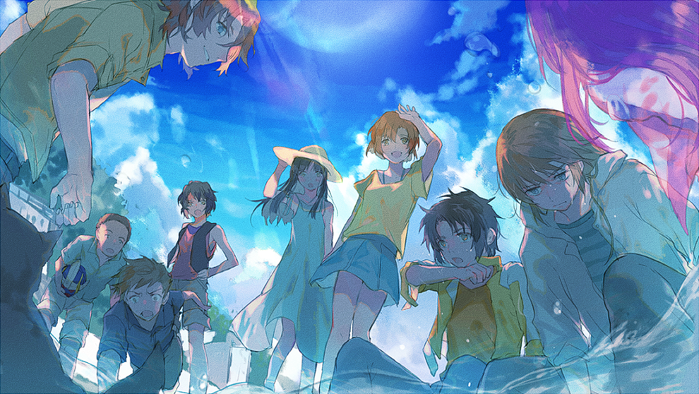 3girls, 6+boys, :d, aqua_dress, black_hair, blue_shirt, blue_skirt, blue_sky, brown_eyes, brown_hair, brown_shorts, character_request, clouds, collarbone, collared_shirt, day, dress, dress_shirt, floating_hair, from_below, green_shirt, grey_pants, hair_between_eyes, hand_on_headwear, hand_on_hip, hat, hatutaro, hazama_shouko, jacket, kaname_sakura, kodate_mamoru, kondou_kenji, long_dress, long_hair, makabe_kazuki, minashiro_soushi, miniskirt, multiple_boys, multiple_girls, open_clothes, open_jacket, open_mouth, open_shirt, orange_shirt, pants, pink_jacket, pleated_skirt, red_shirt, redhead, shiny, shiny_hair, shirt, short_hair, shorts, sitting, skirt, sky, sleeveless, sleeveless_dress, sleeveless_shirt, smile, soukyuu_no_fafner, standing, straw_hat, striped, striped_shirt, sun_hat, sundress, sunlight, toomi_maya, wet, wet_hair, wing_collar, yellow_headwear, yellow_shirt