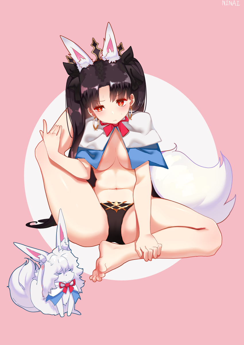 1girl, absurdres, animal_ears, barefoot, black_hair, bunny_tail, creature, crown